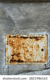 A rectangular rusty metal utility door with hinges and a lock is installed in a textured gray concrete wall surface.
