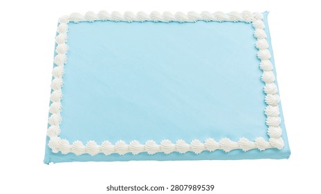 Rectangular sheet cake with light blue frosting and white piped icing border