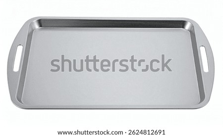 A rectangular silver metal baking sheet with two handles. Its empty and appears to be made of durable material, ideal for oven use in cooking and baking.