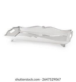 Rectangular Silver Serving Tray with Ornate Handles and Beaded Edge