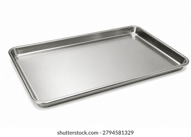 Rectangular stainless steel baking tray isolated on a clean white background. Featuring a durable metal construction with raised edges, this versatile kitchen pan is suitable for baking, roasting, cooling, and food preparation. Ideal for culinary, cookware, restaurant, and professional kitchen equipment concepts.