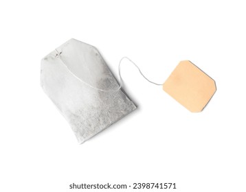 Rectangular tea bag with label isolated on white background close-up.