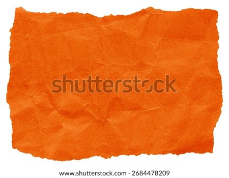 Rectangular torn piece of bright orange crumpled paper, isolated element to create autumn collage