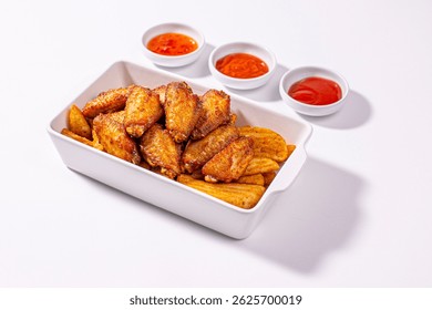 El plato blanco rectangular está lleno de alas de pollo doradas y gajos de papa sazonados