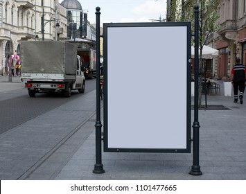 Rectangular White Mockup Poster City Advertisement Isolated On The Street. An advertising board with free space for your graphics.