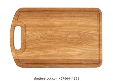 Rectangular wooden cutting board isolated on white background. Empty wooden platter for food serving and kitchen preparation. Rustic chopping board textured surface for culinary cooking.