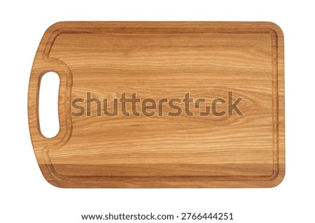 Rectangular wooden cutting board isolated on white background. Empty wooden platter for food serving and kitchen preparation. Rustic chopping board textured surface for culinary cooking.