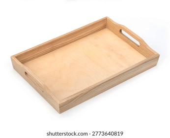 A rectangular, wooden serving tray  isolated on white, suitable for food display or serving, studio setup, 