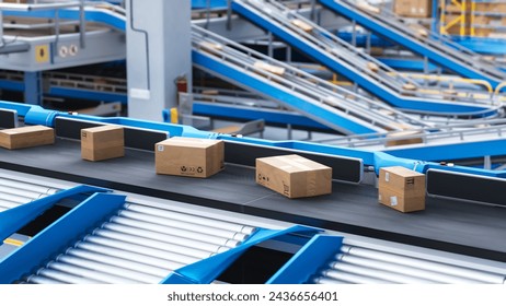 Recyclable Cardboard Box Being Transported on a Conveyor Belt in a Modern Logistics Center. Parcel is Prepared for Delivery to an Online Client. Rendered Conveyor System of a Big Retail Business - Powered by Shutterstock