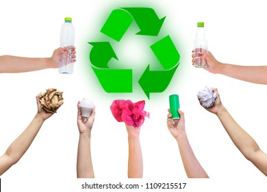 Recyclable hand hold show symbol plastic bottle used paper canned light bulb a white background - Shutterstock ID 1109215517