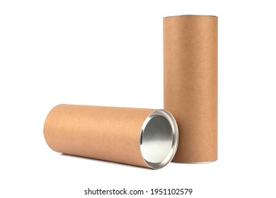 Recyclable paper tube with metal plug end made of kraft paper or cardboard isolated on white. Sustainable and ecological packaging concept. Selective focus