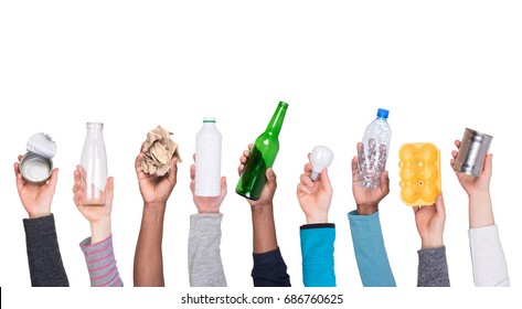 Recyclable rubbish held in hands isolated on white background - Powered by Shutterstock