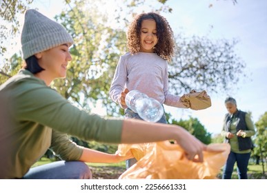 Recycle plastic, bottle and people with child in park for community service, volunteering and cleaning education. Happy woman with kid in nature forest for recycling, pollution and earth day support - Powered by Shutterstock