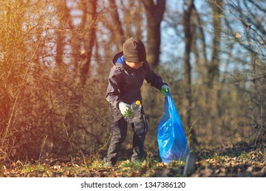 Recycle waste litter rubbish garbage trash junk clean training. Nature cleaning, volunteer ecology green concept. Young men and boys pick up spring forest at sunset. Environment plastic pollution