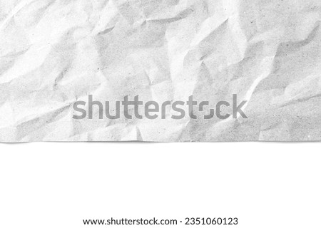 Recycled crumpled white paper texture with edge, border isolated on white background. Wrinkled and creased abstract backdrop, design element, wallpaper with copy space, top view.