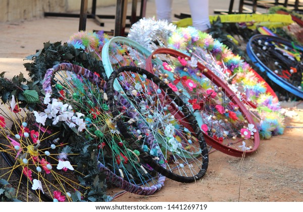 Recycled Cycle Wheel Decorative Items Outside Stock Image