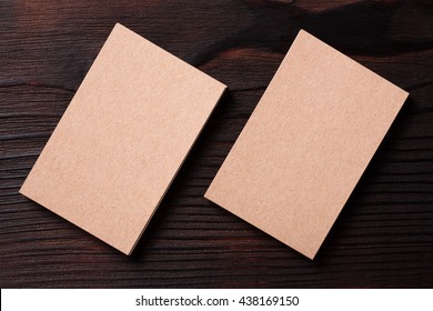 Recycled Paper Business Cards On Dark Wooden Background