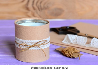 Recycled Tin Can Pen And Pencil Holder Or Planter For Kitchen. Quick, Easy And Beautiful Way For Decorating Old Tin Can. Craft Background. Craft Supplies For Creative Work On A Wooden Table. Closeup