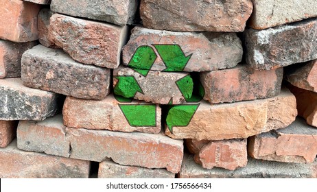 Recycling Arrow Icon On Dirty Red Bricks From Construction Site, Sort And Recycle Waste Building Materials, Be Responsible, Protect Eco Environment, Environmental Protection Concept Symbol Background