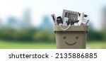 Recycling bin full of electronic waste, smiling cute character