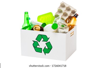 Recycling Bin With Paper, Plastic, Glass, Metal Waste Isolated On White Background