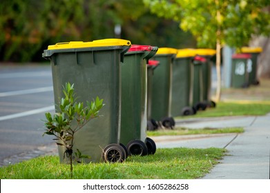 Recycling Bin Stands Outdoor. Australia, Melbourne. 