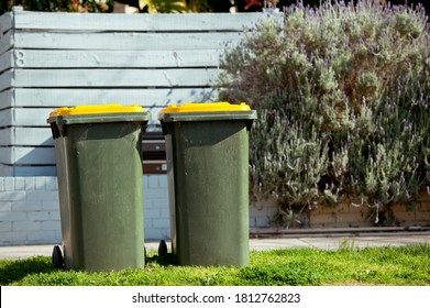 Recycling Bin Stands Outdoor. Australia, Melbourne.