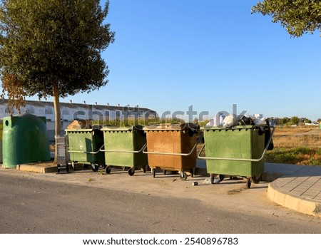 Recycling bins. Trash bins for Garbage Sorting. Waste sorting. Dumpster for Garbage, waste on city Spain street. Junk collection. Waste in garbage container. Trash, Household waste. Removing garbage. 