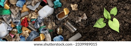 Recycling cycle and Recycle global rubbish for the environment and garbage concept or waste management icon with old paper glass metal and plastic household products to be reused for nature.
