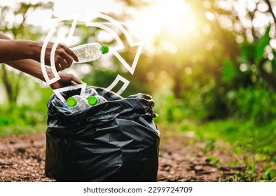 recycling, eco, save, plastic bottle, plastic, environmental, reuse, ecological, bag, trash. plastic bottles let down to trash or recycle bag. to save environmental reuse plastic and bottle. - Shutterstock ID 2299724709