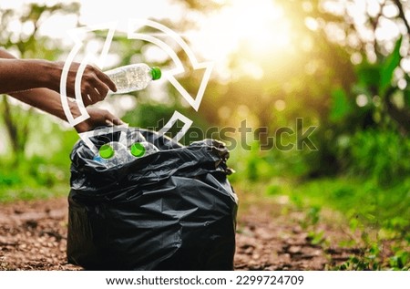 recycling, eco, save, plastic bottle, plastic, environmental, reuse, ecological, bag, trash. plastic bottles let down to trash or recycle bag. to save environmental reuse plastic and bottle. Foto stock © 