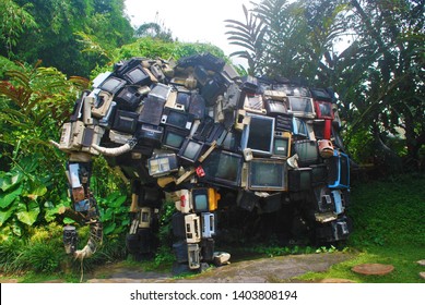Recycling electronic equipment such as television waste is used as an elephant statue, environmentally friendly concept make art from television electronic waste, Batu, Indonesia, 13 April 2019.
