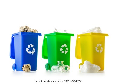 Recycling sorting. Bin container for disposal garbage waste and save environment. Yellow, green, blue dustbin for recycle plastic, paper and glass can trash isolated on white background