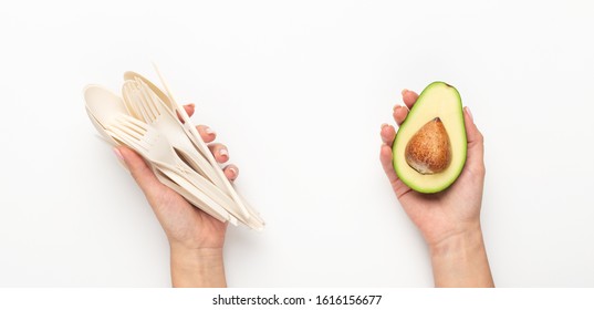 Recyclyng of avocado seed into biodegradable disposable tableware, isolated on white background, panorama