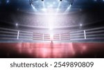 Red 3D boxer arena with viewers. Dynamic sports background. Red empty boxing ring under lights. Full tribune. Wide angle. Accent in the center of the background