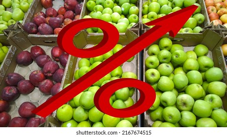 Red 3d Percent Sign With Grow Up Arrow On Fruits, Green And Red Apples Background. Retail Industry. Farmers Market. Discount. Rising Food Prices. Grocery Store. Products. Local Suppliers. Inflation.