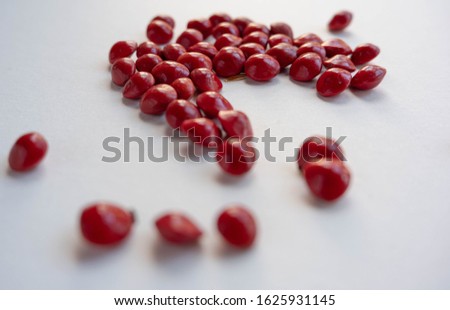 Red Adenanthera pavonine seeds or Biji Saga on white background. Selective focus with depth of field camera effect
