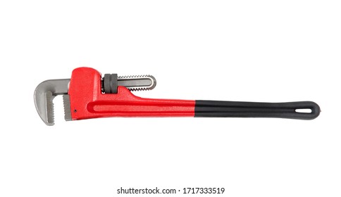 Red Adjustable Pipe Wrench Tool On White Background