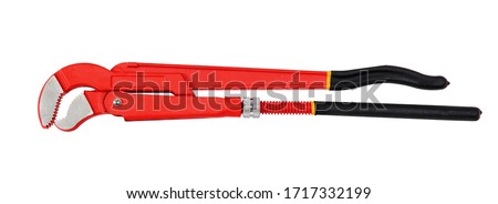 Red adjustable pipe wrench tool on white background