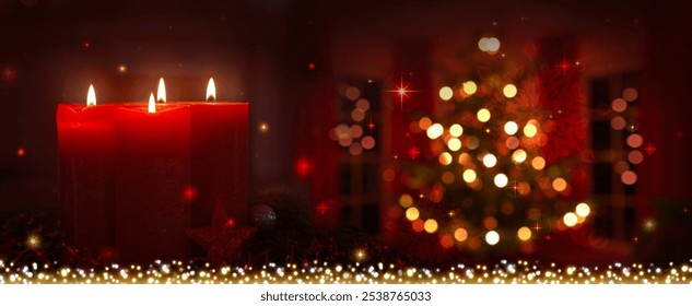 Red Advent candles isolated on blurred glowing Christmas tree background - Powered by Shutterstock