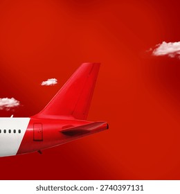 Red Airplane Tail Fin in Dramatic Sky Aviation, Travel and Transportation Concept