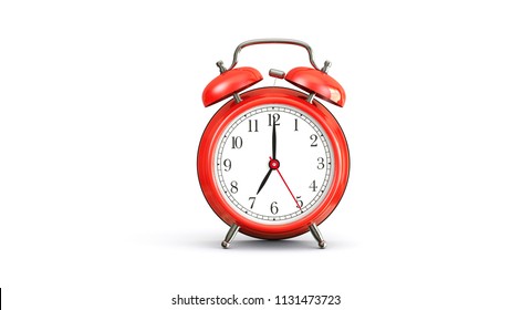 Red Alarm Clock On White Background At 7 Oclock