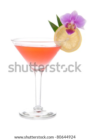 Red alcohol cosmopolitan cocktail decorated with citrus and orchid in martini cocktails glass isolated on a white background