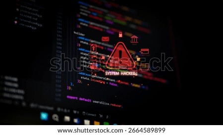 Red alert sign with text system hacked on programming code screen, concept of cyber attack, hacking, data breach, malware, ransomware, and online security threat in modern digital technology.