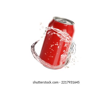 Red Aluminum Can With Splash Of Water On White Background