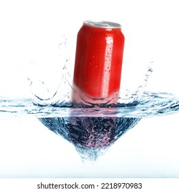 Red Aluminum Can With Splash Of Water On White Background