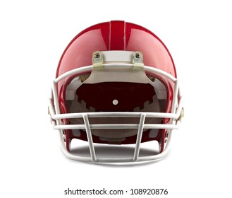 Red American football helmet isolated on a white background with detailed clipping path.