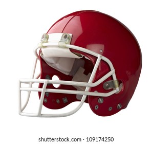 Red American Football Helmet Isolated On A White Background With Detailed Clipping Path.