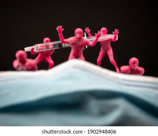 Red American Football Players Behind Blue Face Mask With Syringe