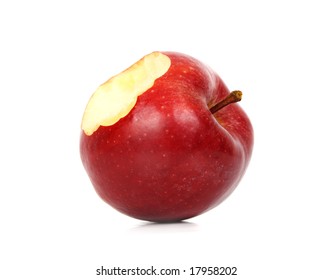 red apple with a bite missing, white background